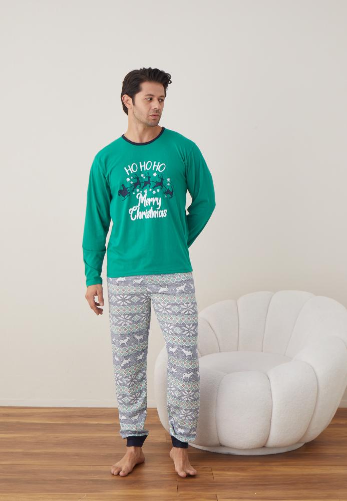 Pijama barbati Craciun "HO HO " maneca lunga ,pantaloni lungi,Culoare Verde, Engros